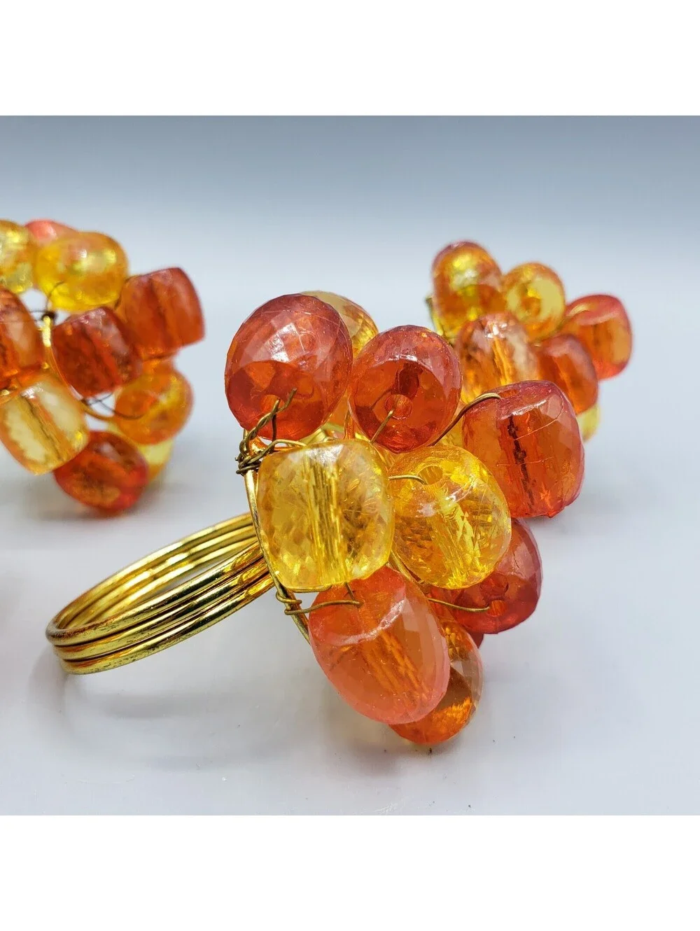 4 Orange Yellow Beaded Napkin Rings Faceted Gold Metal Wire Wrapped Spring